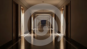 Modern Hotel Corridor with Warm Lighting.