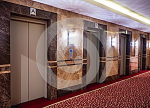 Modern Hotel Elevator Corridor with Closed Doors