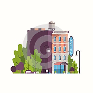 Modern hotel house exterior hostel building for business facade landscape background flat