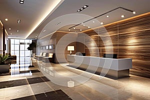 Modern hotel lobby interior with reception desk and elegant wood paneling