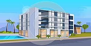 Modern hotel office building exterior with large panoramic windows commercial business center design cityscape