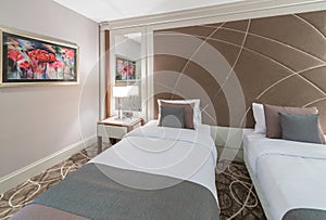 The modern hotel room with big bed