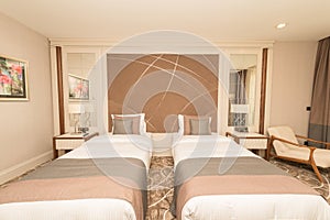 The modern hotel room with big bed