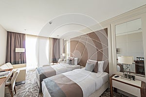 The modern hotel room with big bed