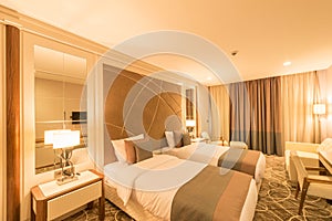 The modern hotel room with big bed