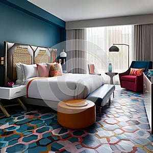 A modern hotel room with sleek furniture