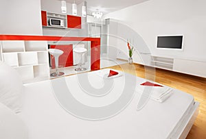 Modern hotel room or studio flat bedroom with kitchen