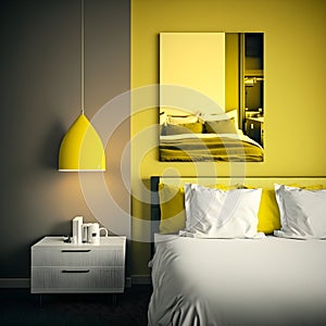 Modern hotel room with yellow lemon colour wall and lamp accents