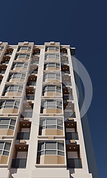 Modern hotel tower render over blue sky scene