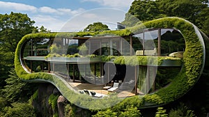 modern hou. Generative AIse surrounded by lush greenery with the concept of living in harmony with nature