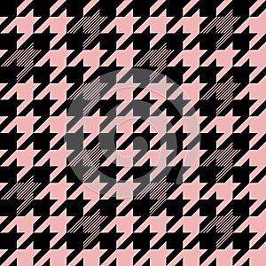 Modern Houndstooth tweed plaid style pattern. Geometric check print in pink and blue color. Classical English background