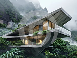 Modern house atop mountain surrounded by forest, trees, grass, under open sky