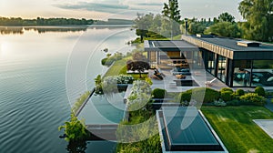 Modern house on the bank of the lake with a beautiful view.