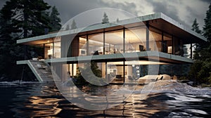 Modern House Battling Flooding Waters: Exterior Perspective