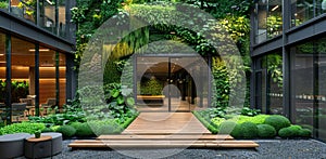 Modern house with beautiful garden. Entrance of luxury house with green garden on the background of beautiful forest.