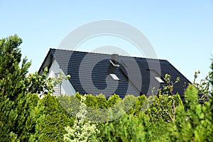 Modern house with black roof and green trees outdoors on sunny day