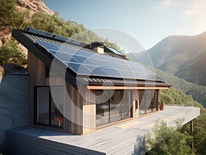 Modern house with blue solar panels on the roof. Generative AI