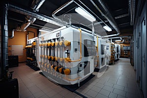 A modern house boiler room with a heating system.Pipelines, water pump, valves, manometers and etc