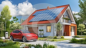 modern house building with solar panels and electric car charging in yard