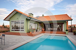 modern house with clay tile roofing and a swimming pool