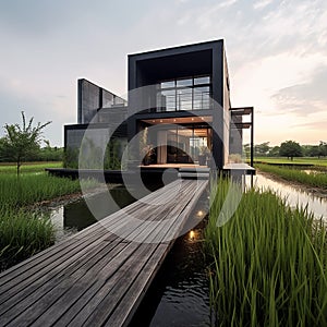 modern house, close the rice field, black metal and concrete, gray Porche 911, sunset,