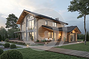 Modern house 3d render wood model - generated by ai
