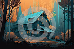 Modern house in dark forest under full Moon reflected in lake, AI generative illustration