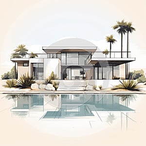 Modern House Design On Pool With Contemporary Landscape Illustration