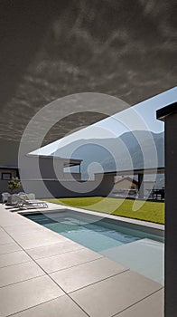 Modern house detail with swimming pool and garden. Reflection of water on the ceiling