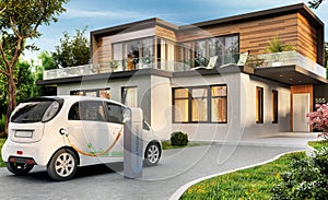 Luxury modern house and electric car