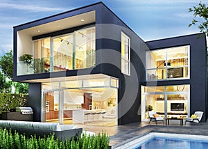 Modern house. Evening view. Interior and exterior