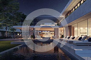 Modern house exterior design at night with swimming pool