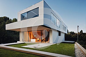Modern house exterior with two floors and large windows.