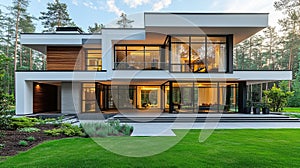 Modern house facade, forest backdrop, evening light, luxury home