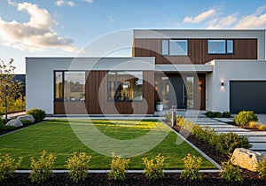 Modern house featuring a minimalist design with a flat roof and rectangular shape. The exterior