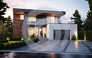 modern house front view at dusk with modern garage