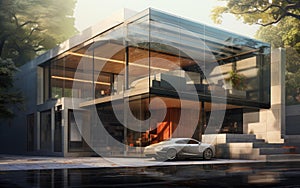 modern house front view at dusk with modern garage