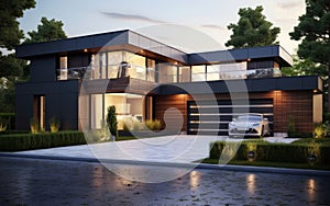 modern house front view at dusk with modern garage