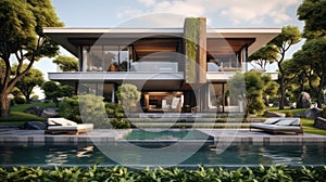 Modern house with garden created with Generative AI. Luxury home with pool.