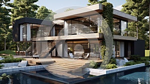 Modern house with garden created with Generative AI. Luxury home with pool.