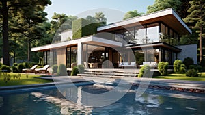 Modern house with garden created with Generative AI. Luxury home with pool.