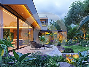 Modern house garden, relaxing atmosphere of area with chairs, nature, large layout, with plants and flowers