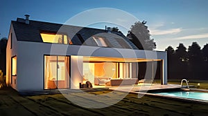 Modern house garden view with lights. Generative ai design