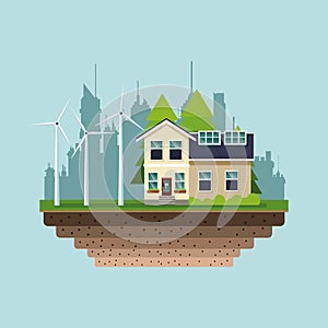 Modern house green energy wind turbine city background