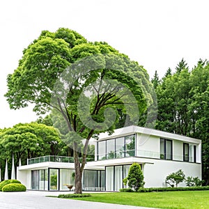 Modern House with Green Trees isolated on white background photo