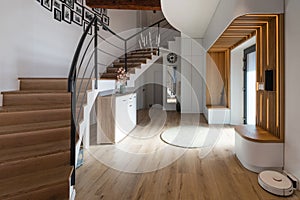 Modern house hallway with entrance door