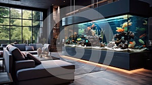 Modern house interior design, luxury aquarium inside villa or mansion. Large contemporary living room. Concept of eco home style
