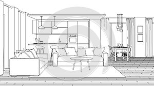 Modern house interior. Design project. Sketch.