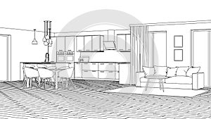 Modern house interior. Design project. Sketch.