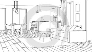 Modern house interior. Design project. Sketch.